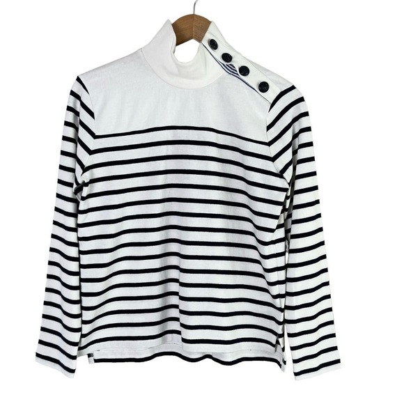 J.Crew Mockneck Button Shoulder Nautical Navy Stripe Cotton Sweater in White, XS - Picture 1 of 10